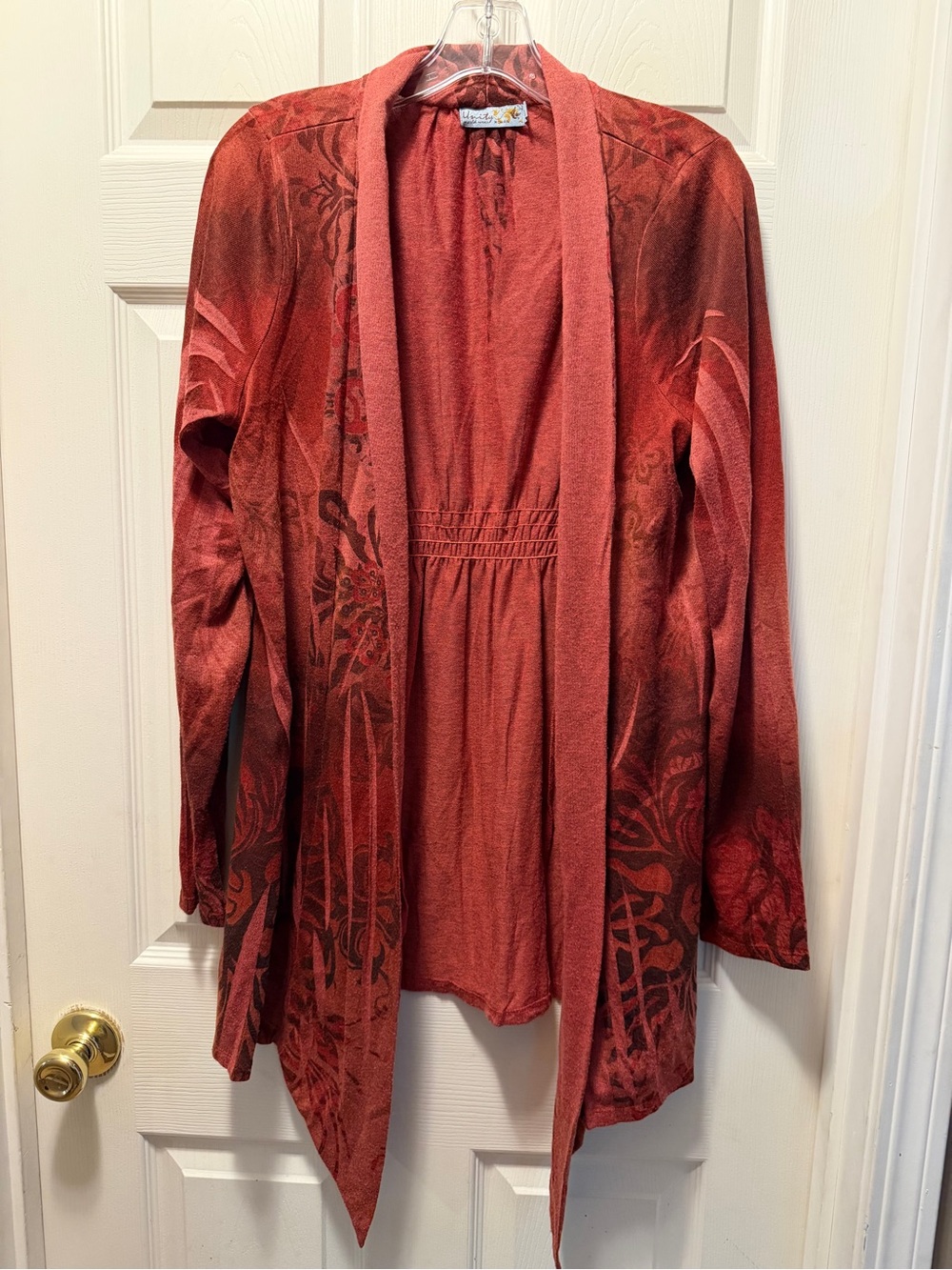 Unity World Wear Rust Red Open-Front Draped Cardigan